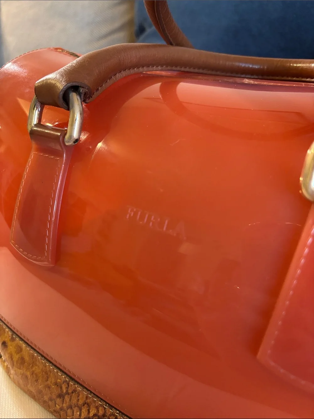 Furla Candy Satchel — Orange with Brown Snake-Print Base